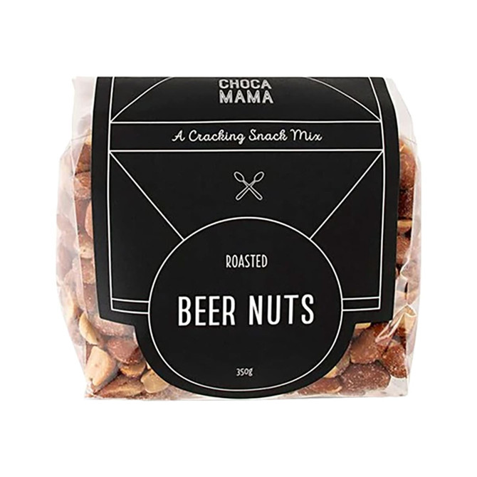 A clear plastic bag contains roasted beer nuts. The bag features a black label with a logo.