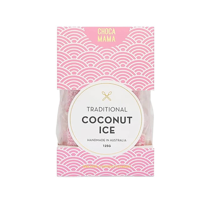 A pink and white packaged treat named "Traditional Coconut Ice," handmade in Australia, featuring a decorative design and a logo.