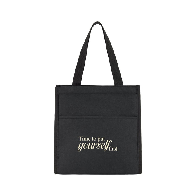 A black cooler bag with two front pockets and a branded logo, featuring the phrase "Time to put yourself first."