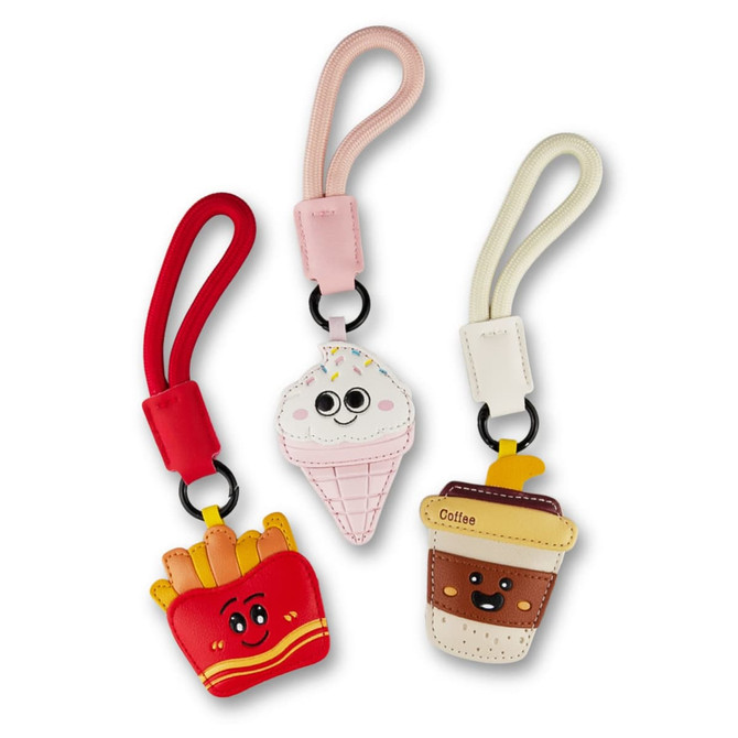 Three colourful bag charms featuring a red fries, a pink ice cream cone, and a brown coffee cup. Each has a loop attachment.