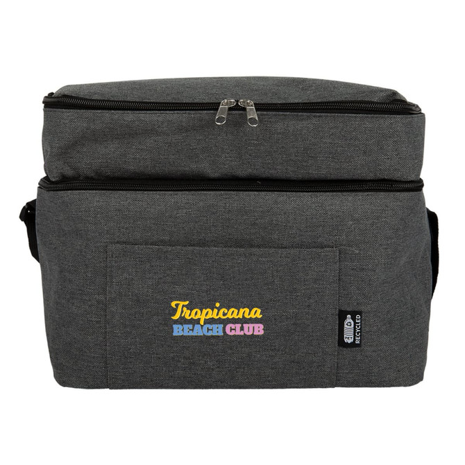 A drink bottle cooler bag in grey fabric with a zipped top and a front pocket. It features a logo.