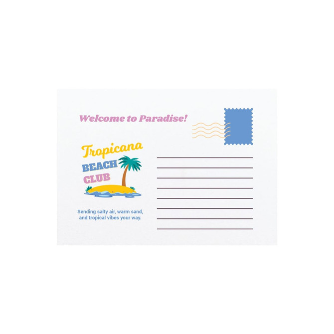 A postcard featuring a tropical beach scene with a palm tree, the words "Tropicana Beach Club," and a space for an address.
