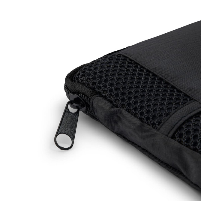 A black sports towel with a textured mesh section and a zip fastener, featuring a branding logo.