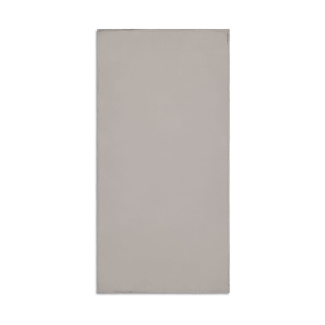 A grey towel featuring a logo, suitable for sports and fitness activities.