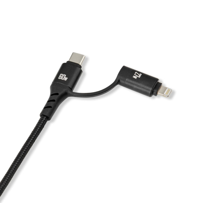 A black charging cable with USB-C and Lightning connectors, featuring a braided design for durability.