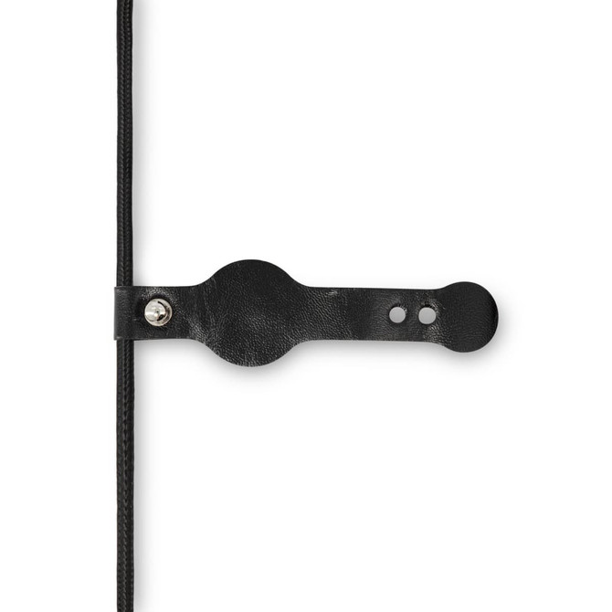 A black charging cable with a leather strap for organisation, featuring a logo on the strap.