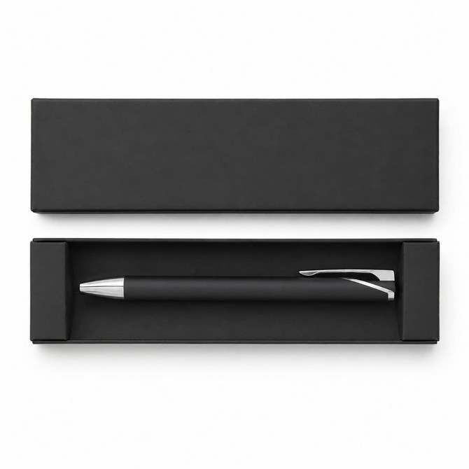 A black gel ink pen with a silver clip, presented in a black box without additional markings.