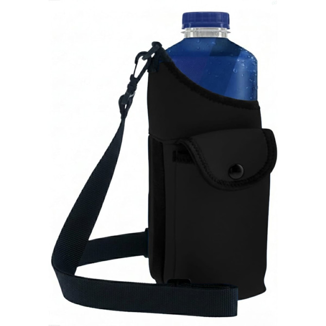 A drink bottle holder in black neoprene with an adjustable strap and a snap-button pocket.