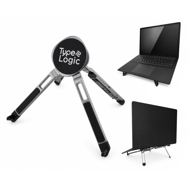 A black and silver three-legged stand designed for holding devices, featuring a circular base with a logo.