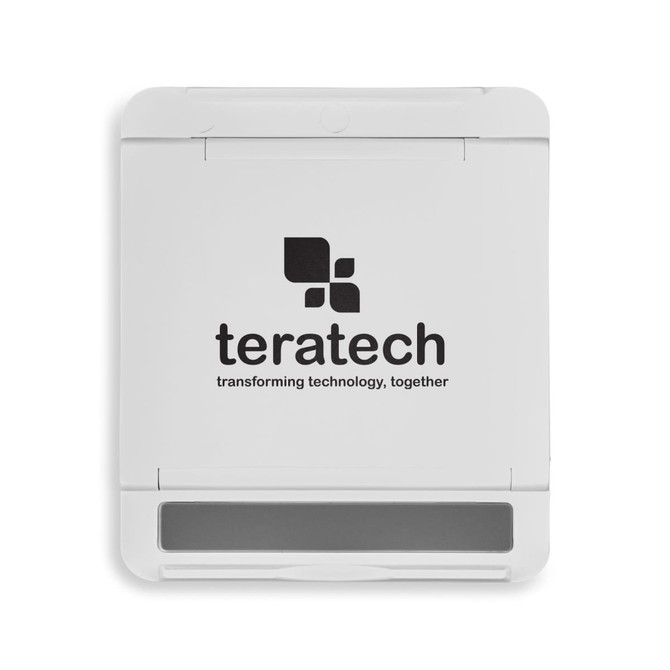 A white phone stand with a grey base and a logo on the front.