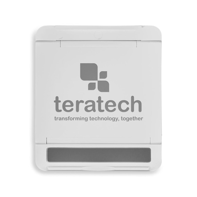 A white phone stand with a grey base, featuring a logo and a minimalistic design.