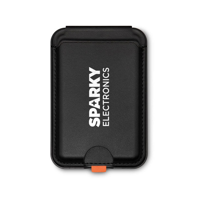 A black Cozy Phone Wallet with a logo, featuring a secure closure and a contrasting orange accent.