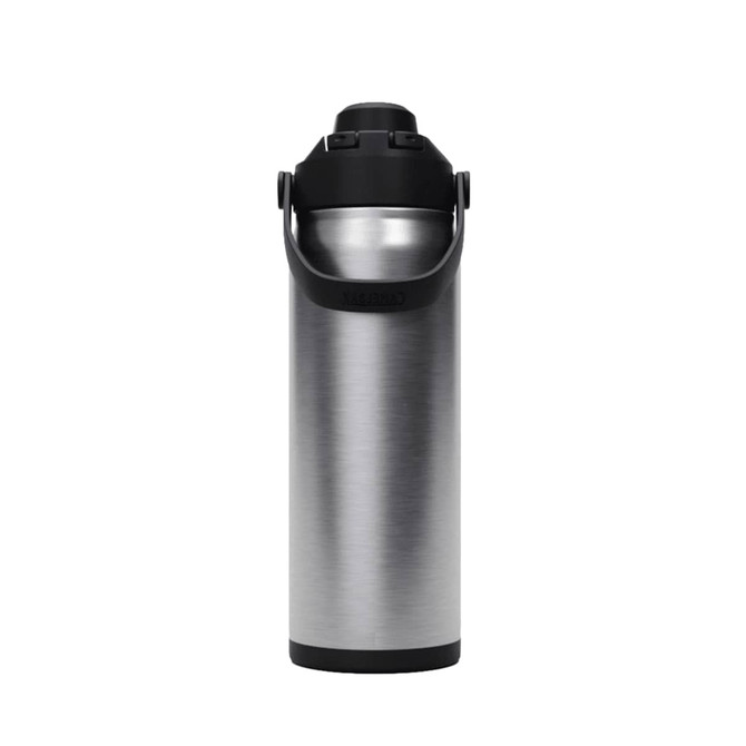 A drink bottle in stainless steel with a black lid and handle, featuring a streamlined design and a logo.