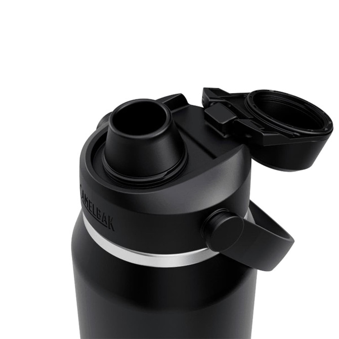 A drink bottle in black with a grey band and a twist-top lid featuring a spout. It has a logo on one side.