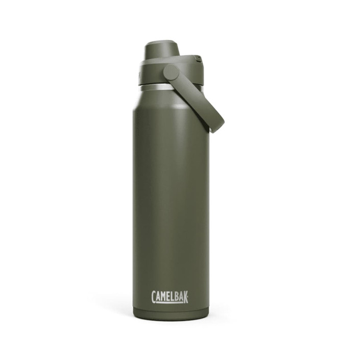 A drink bottle in matte olive green with a flip-top lid and a side handle. It features a brand logo.