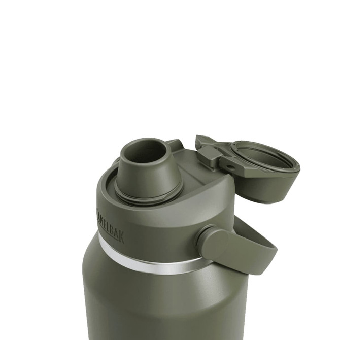 A drink bottle in olive green with a wide mouth and a screw-on lid featuring a cap and a logo.