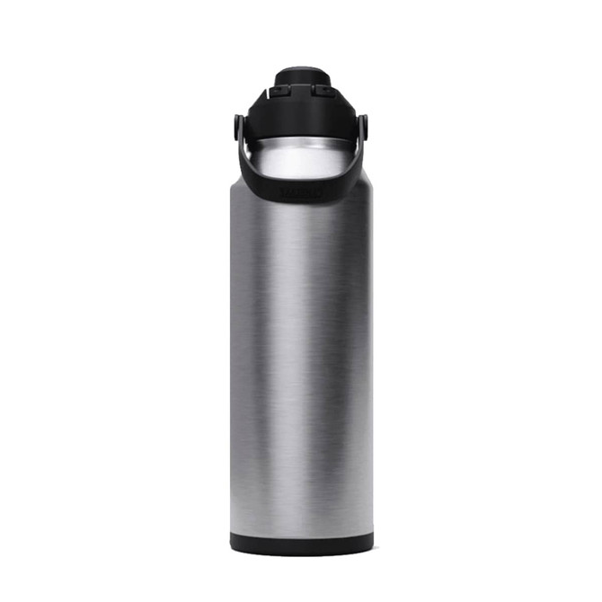 A drink bottle with a sleek silver exterior and black lid, featuring a built-in handle and a logo.