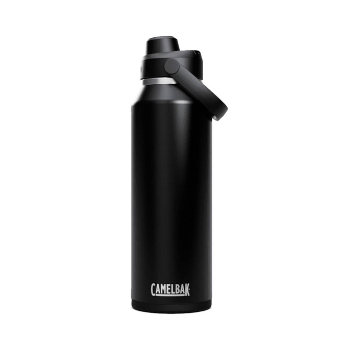 A drink bottle in matte black with a flip-top lid and a carry strap, featuring a logo on the front.