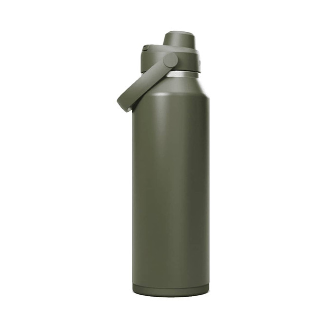 A drink bottle in olive green with a secure lid and a carry handle. It features a logo on the side.