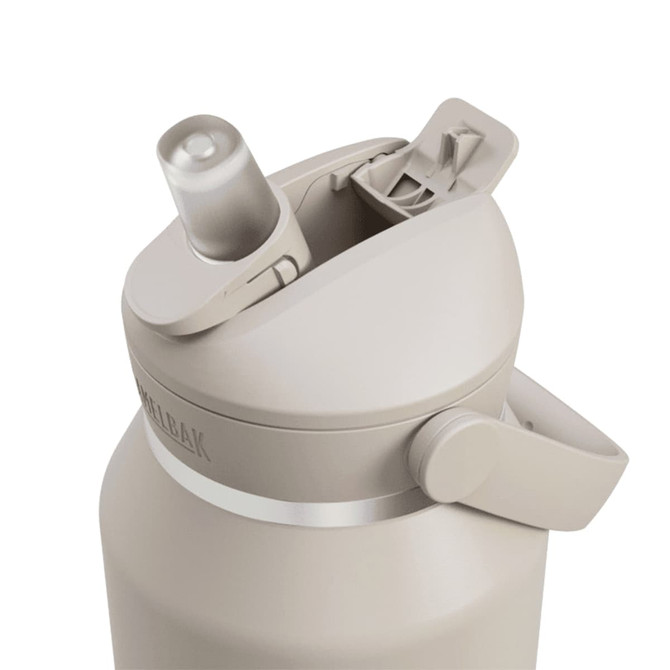 A drink bottle in beige with a flip straw lid and a side handle, featuring a logo.