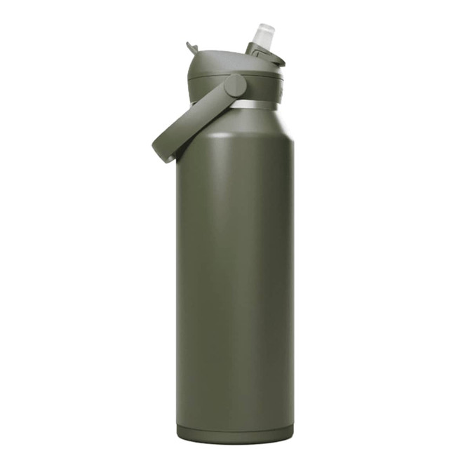 A drink bottle in olive green with a removable flip straw lid and a side handle, featuring a logo.