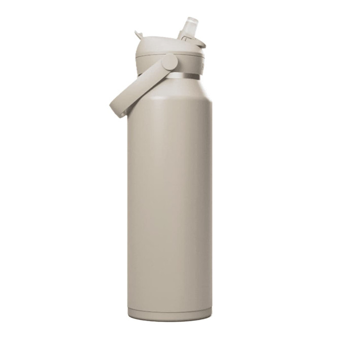 A drink bottle in a beige finish featuring a flip straw mechanism and a carrying handle. It has a logo on the side.