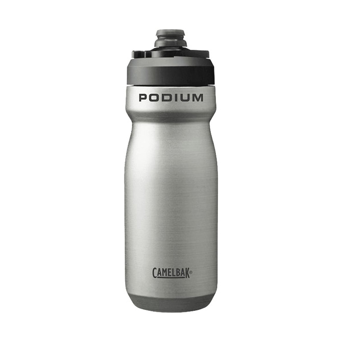 A drink bottle made of insulated steel, featuring a silver finish and a black lid with a logo.