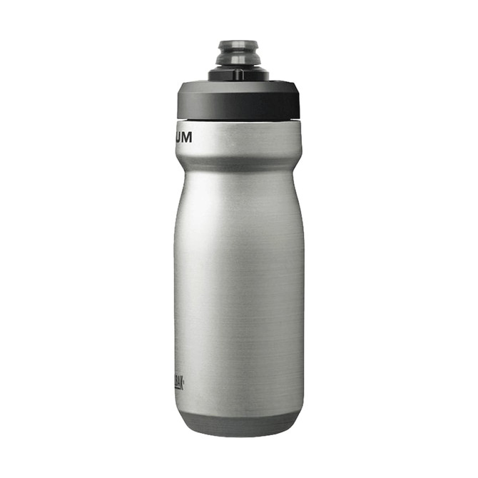 A drink bottle in stainless steel, featuring a black lid and a logo. It's insulated and has a capacity of 0.5L.