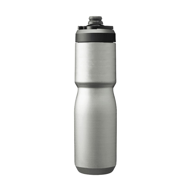 A drink bottle in stainless steel with a black lid and a logo. It has a capacity of 0.65L.