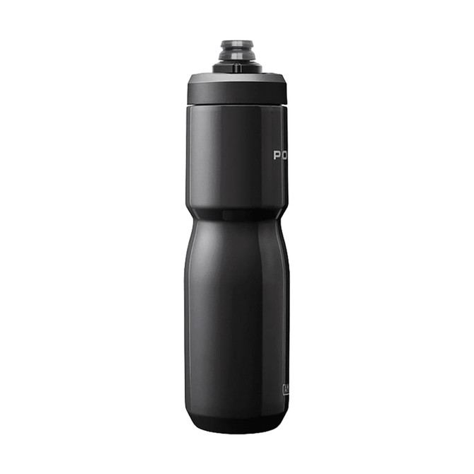 A drink bottle in black with a streamlined design and a screw top lid, featuring a logo.