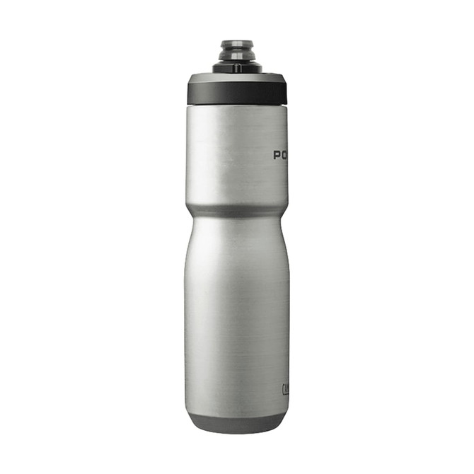 A drink bottle in polished silver stainless steel, featuring a black lid and a branding logo.