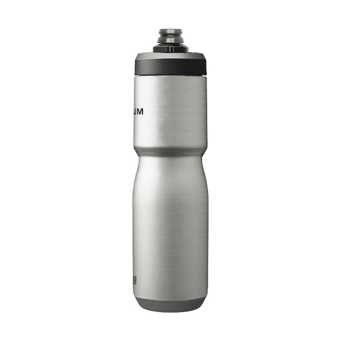 A drink bottle in stainless steel with a tapered design and a black lid, featuring a logo.
