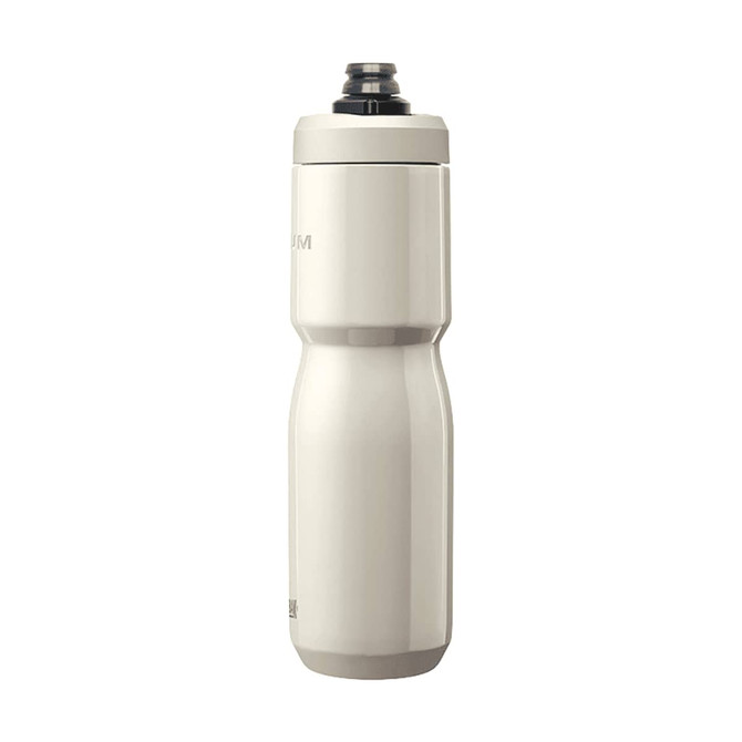 A drink bottle in a sleek, insulated design, featuring a white finish and a black cap, with branding visible.