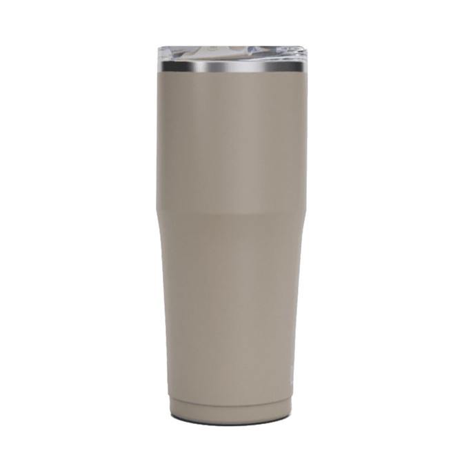 A drink bottle in a muted beige colour with a silver lid, featuring a logo on the side.