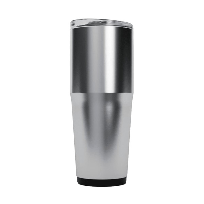 A drink bottle with a sleek silver and stainless steel design featuring a clear lid and a black base. It has a logo.