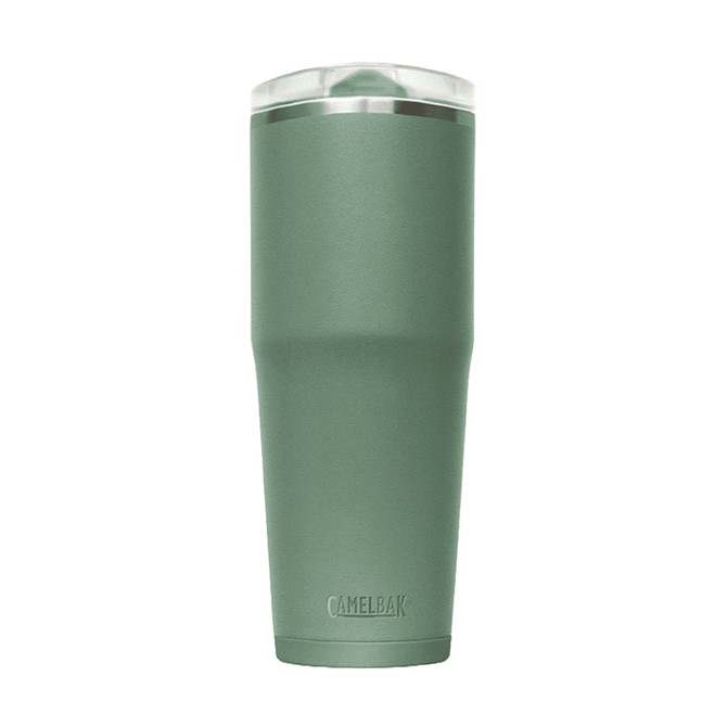 A drink bottle in a matte green finish with a transparent lid and a branded base.