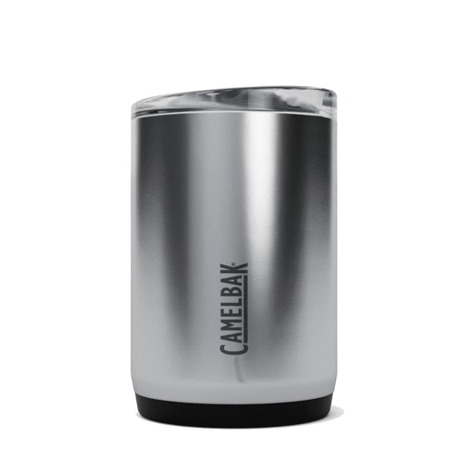 A drink bottle featuring a sleek, stainless steel finish with a solid black base and a clear lid. It has a logo.