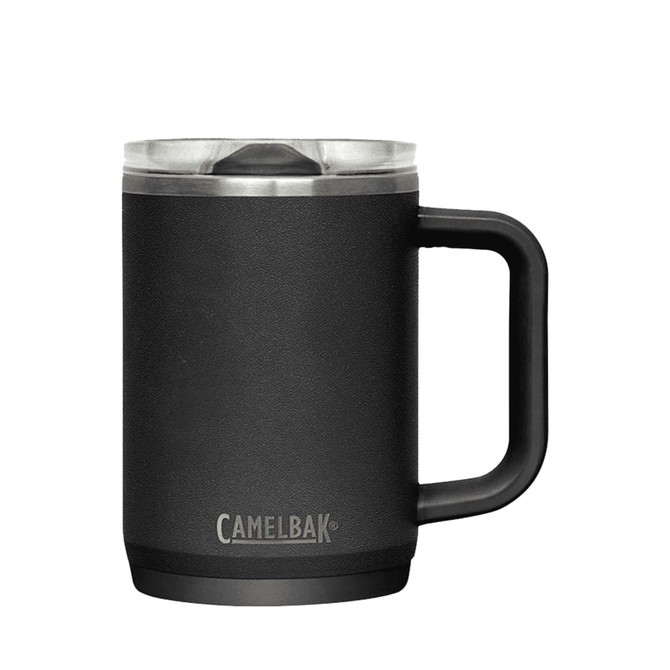 A drink bottle in matte black with a handle and a transparent lid, featuring a logo.