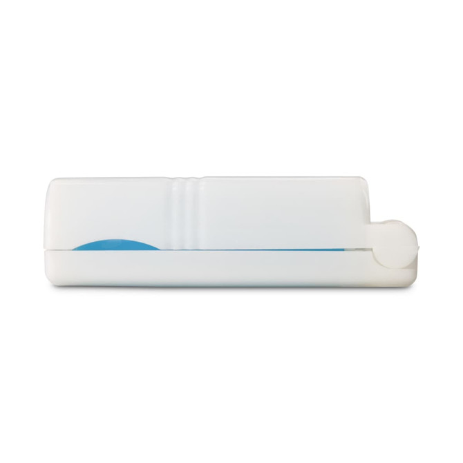 A mini lint roller in a white casing with a blue adhesive strip and a circular end. It features a logo.