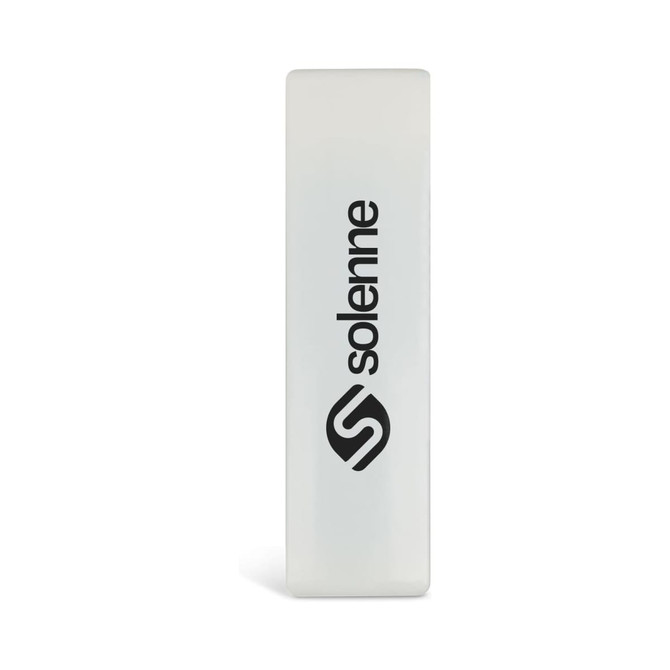A mini lint roller in a sleek white design, featuring a logo on one side.