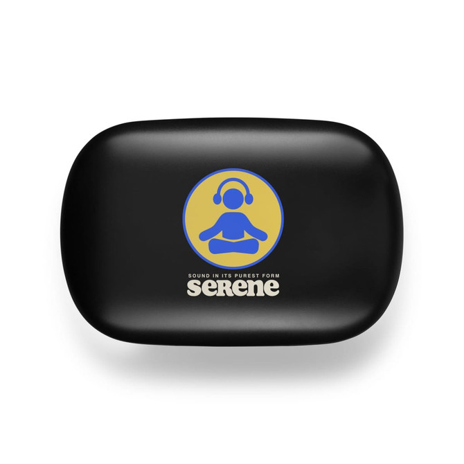 A black earbuds case featuring a logo with a seated figure wearing headphones and the word "serene" underneath.