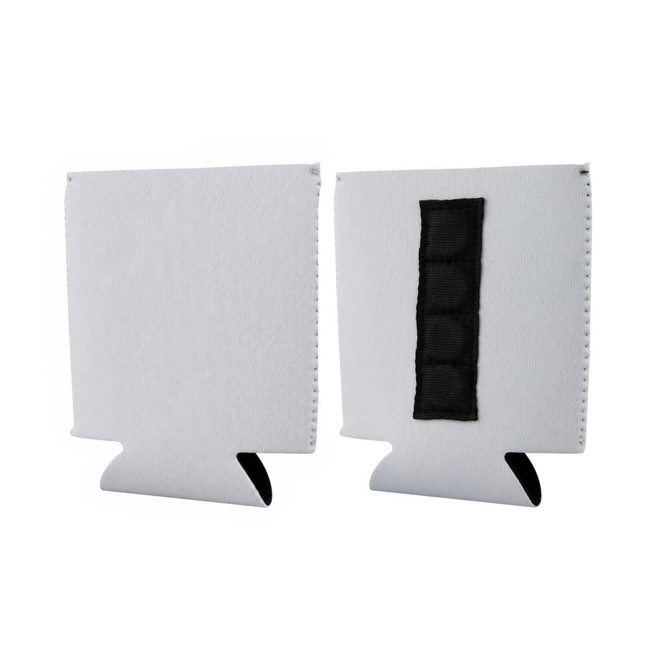 A white magnetic stubby holder with a black strip, designed to fit around drink bottles.