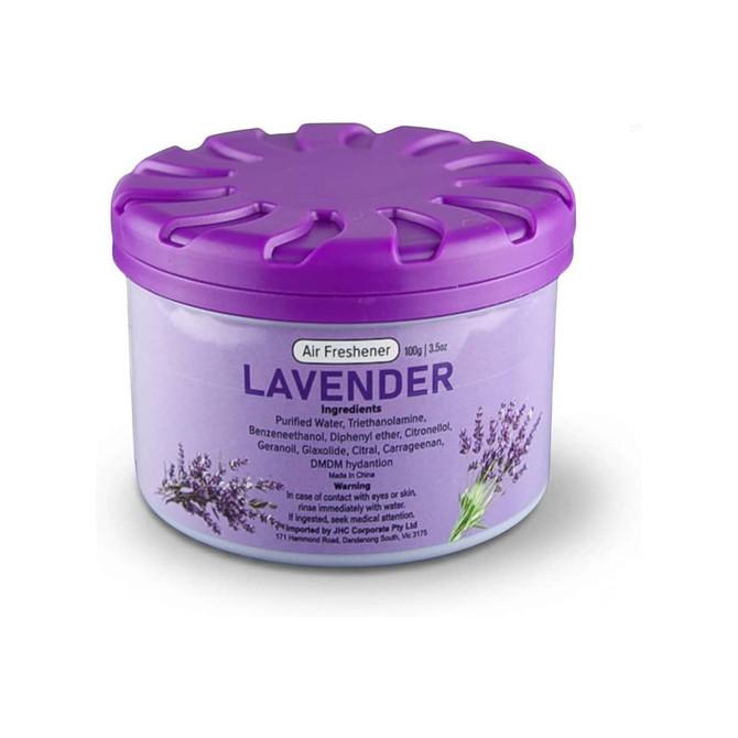 A purple air freshener container labelled "Lavender" with a floral design and a twist-off lid.