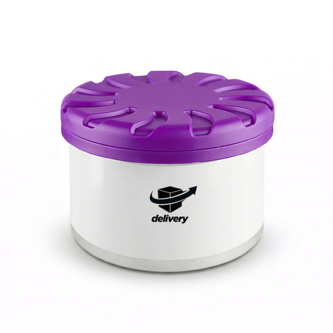 A round container with a purple lid and a white base, featuring a logo on the side.