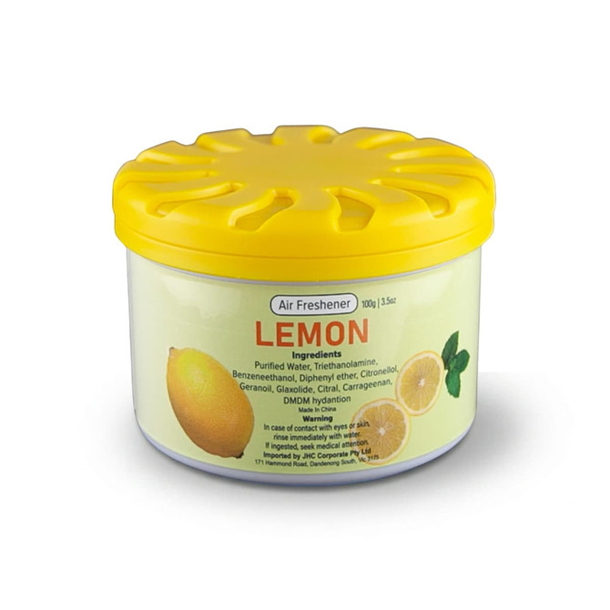 A cylindrical container of air freshener in yellow, with a lemon scent, featuring a logo and ingredients list.