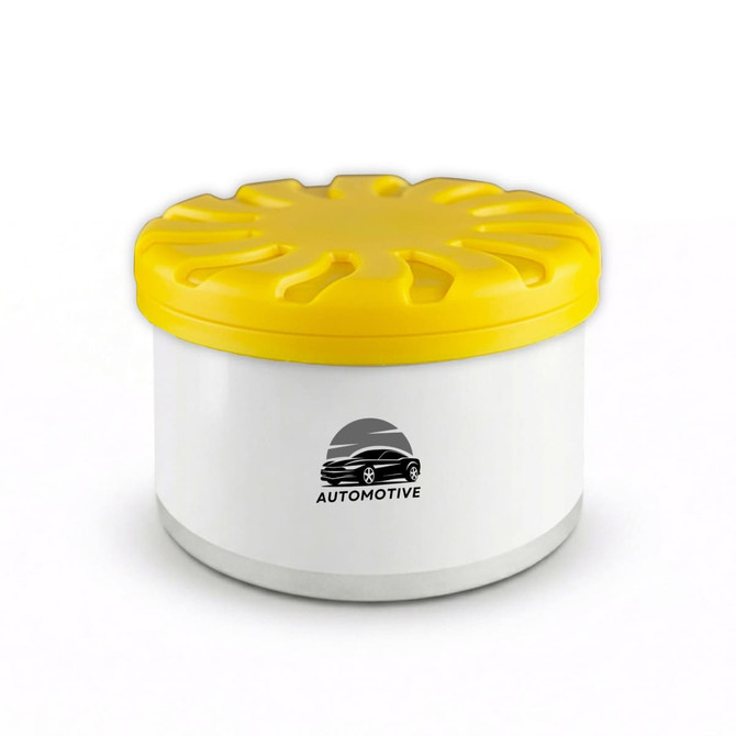 A white air freshener container with a yellow lid, featuring a logo on the front. 