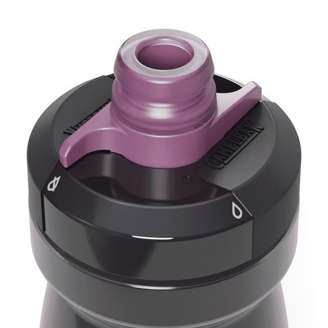 A drink bottle with a black body and a purple cap, featuring a twist-top and a logo.