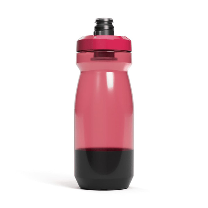 A drink bottle in pink and black with a sporty design and a branded logo on the side.