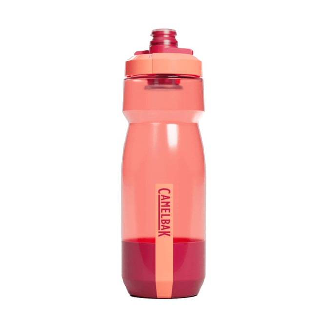 A drink bottle in shades of pink and red, featuring a sport cap and a logo.