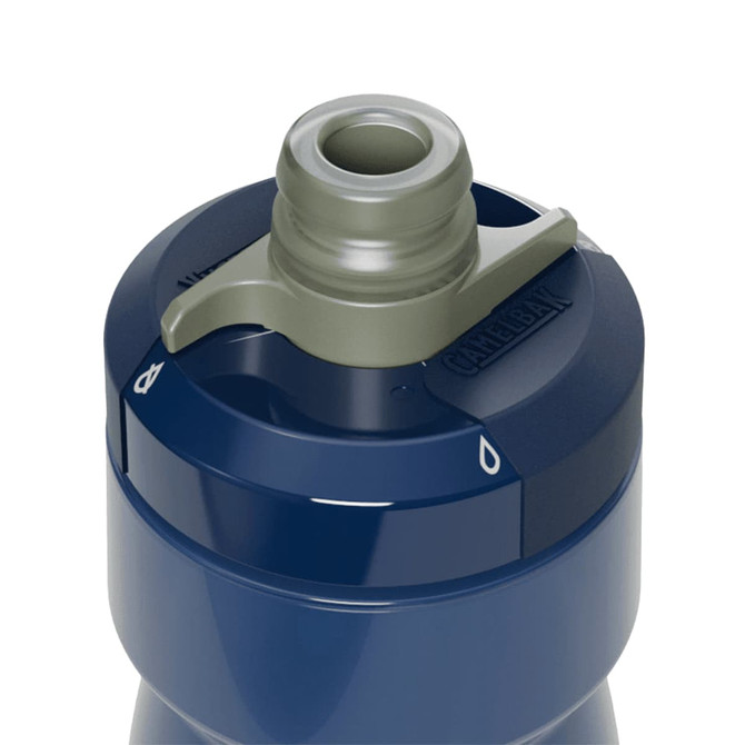 A drink bottle with a dark blue body and a grey cap, featuring a built-in spout and a logo.